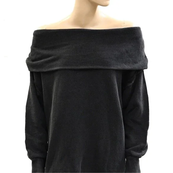 Free People Off Chill Sweatshirt Tunic Top Off Shoulder Longline Fit L 284539